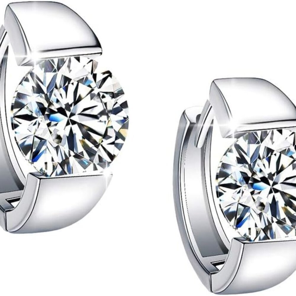 Sterling Silver Hoop Earrings White Gold Plated Cubic Zirconia Women Gift